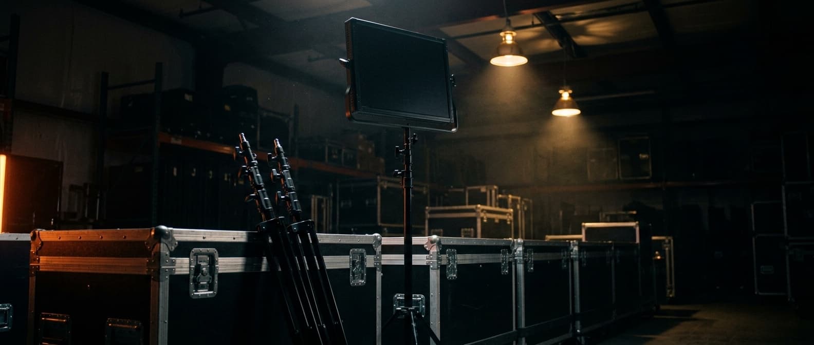 Galpão de equipamentos com flight cases, tripés e painel de LED sob luz de trabalho
